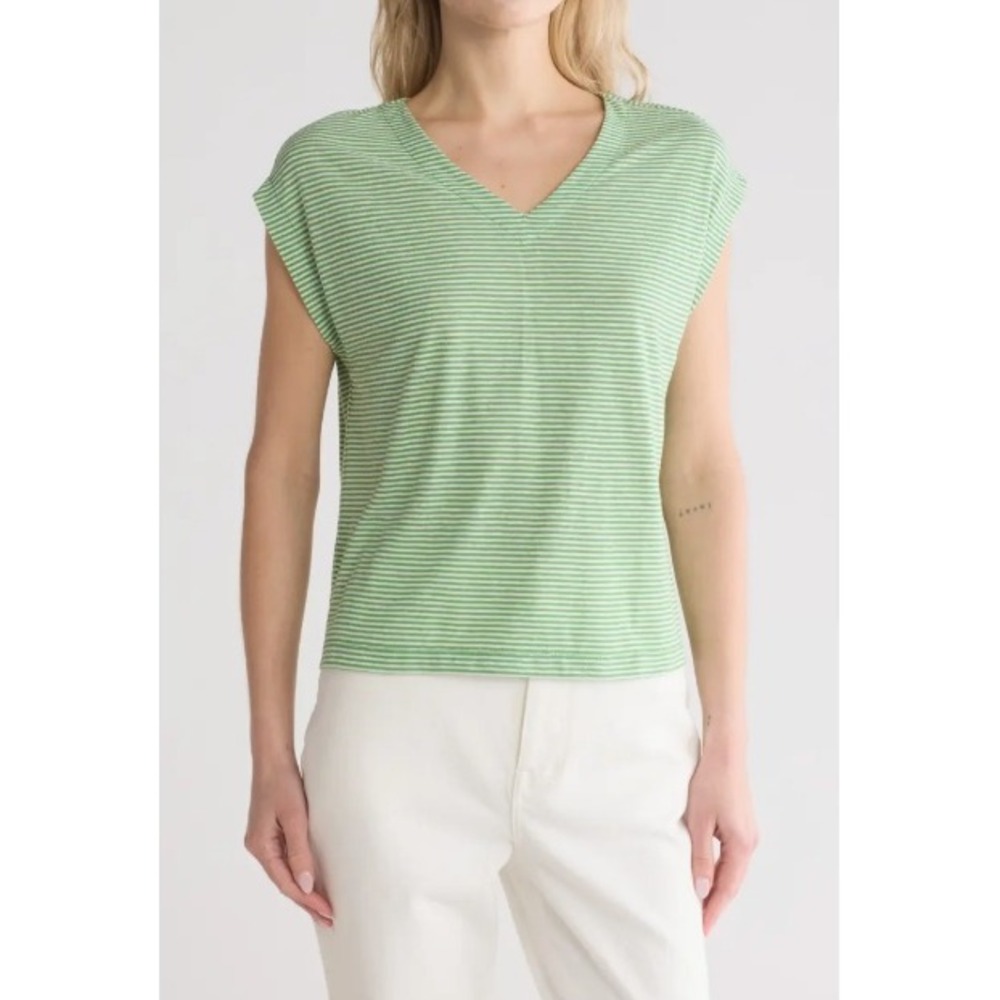 New Madewell V-Neck Tee XL Green Stripe Linen Blend Short Sleeve Relaxed